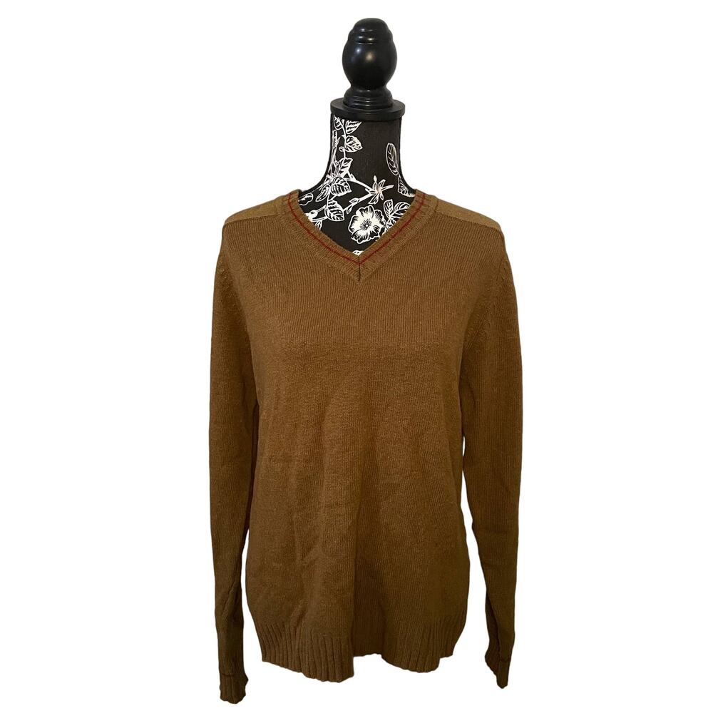 FINK Lambs Wool Blend V-Neck Long Sleeve Sweater Camel Brown Size Medium